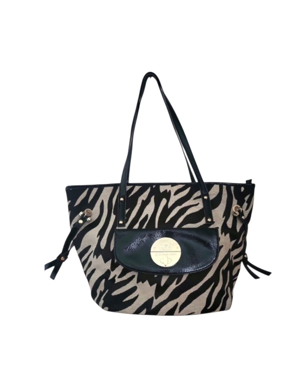 Anne Klein Zebra Print Canvas Tote – Black & Tan – Gold Medallion